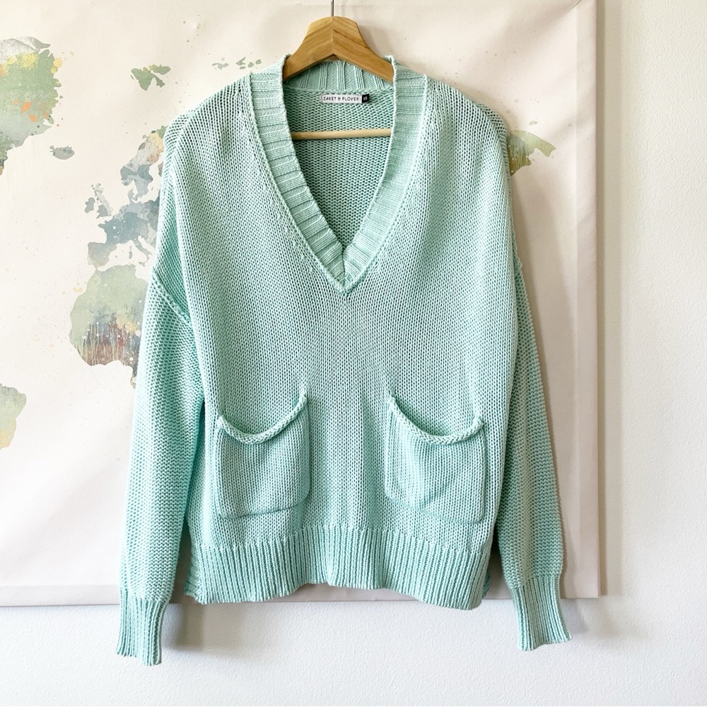 Zaket & Plover Sweater Size XS Chunky Knit V-Neck Teal Pockets $104 Long Sleeve